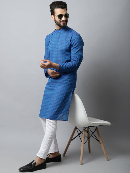 Even Apparels Blue Color Pure Cotton Men's Kurta With Band Collar (CHK1198)