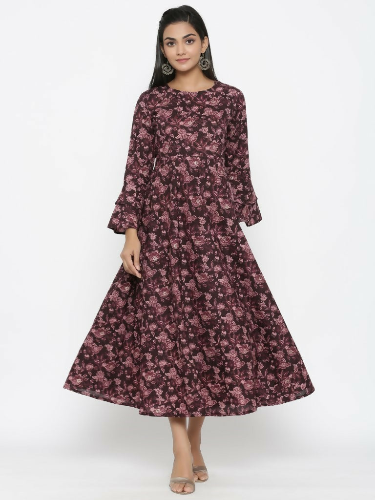 Miravan Women's Maroon Floral Bell Sleeves Anarkali Kurta