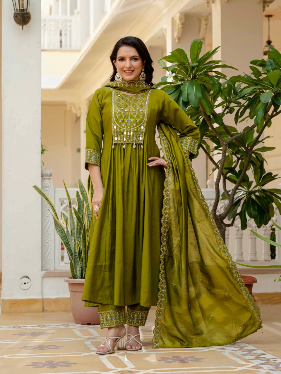 Lehenga Mart Designer Anarkali Suit Ready To Wear Kurta Pant With Dupatta For Women-Mehendi Green