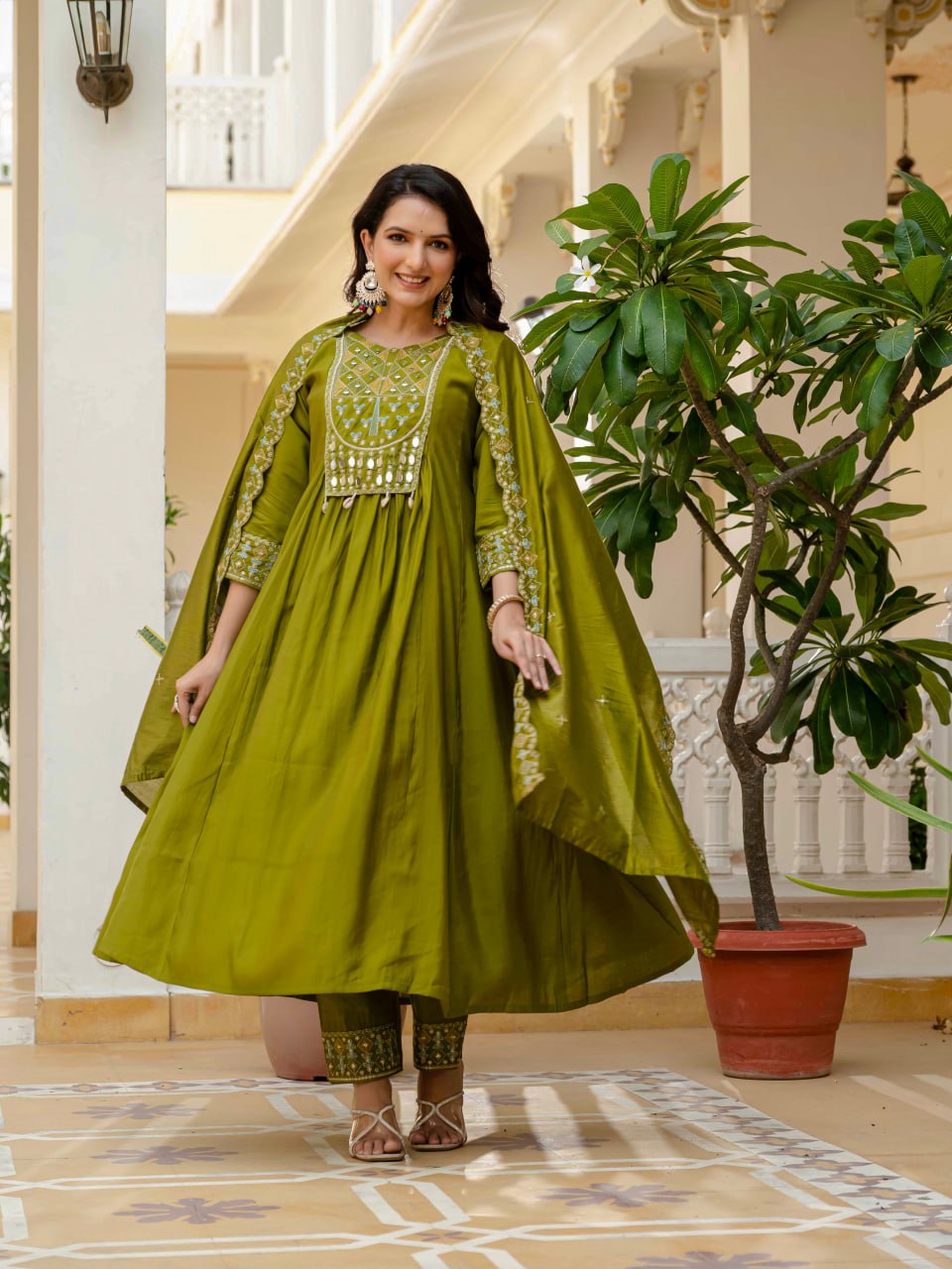 Lehenga Mart Designer Anarkali Suit Ready To Wear Kurta Pant With Dupatta For Women-Mehendi Green