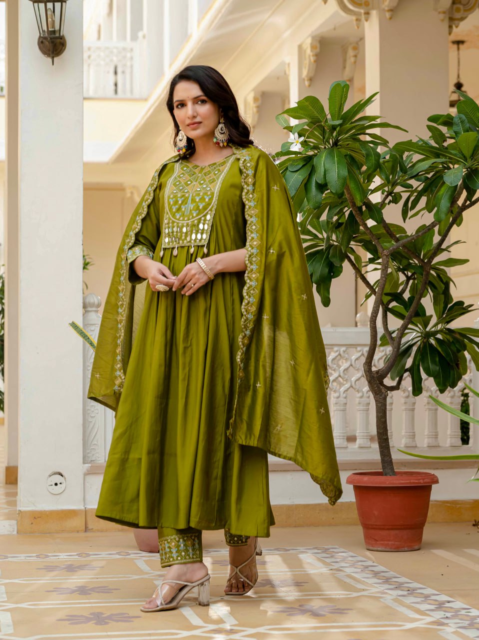 Lehenga Mart Designer Anarkali Suit Ready To Wear Kurta Pant With Dupatta For Women-Mehendi Green