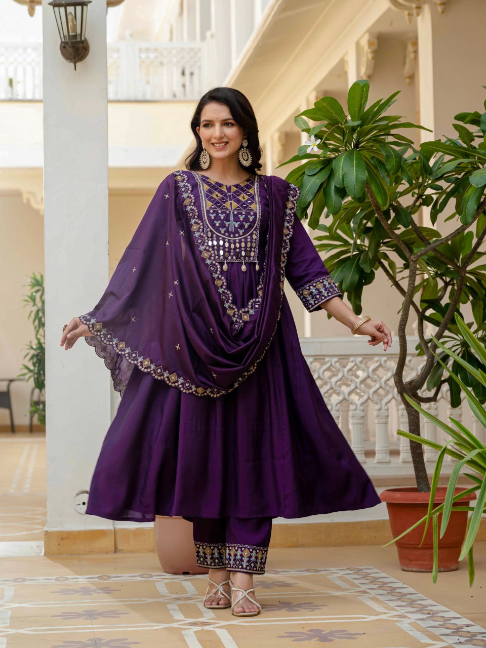 Lehenga Mart Designer Anarkali Suit Ready To Wear Kurta Pant With Dupatta For Women-Purple