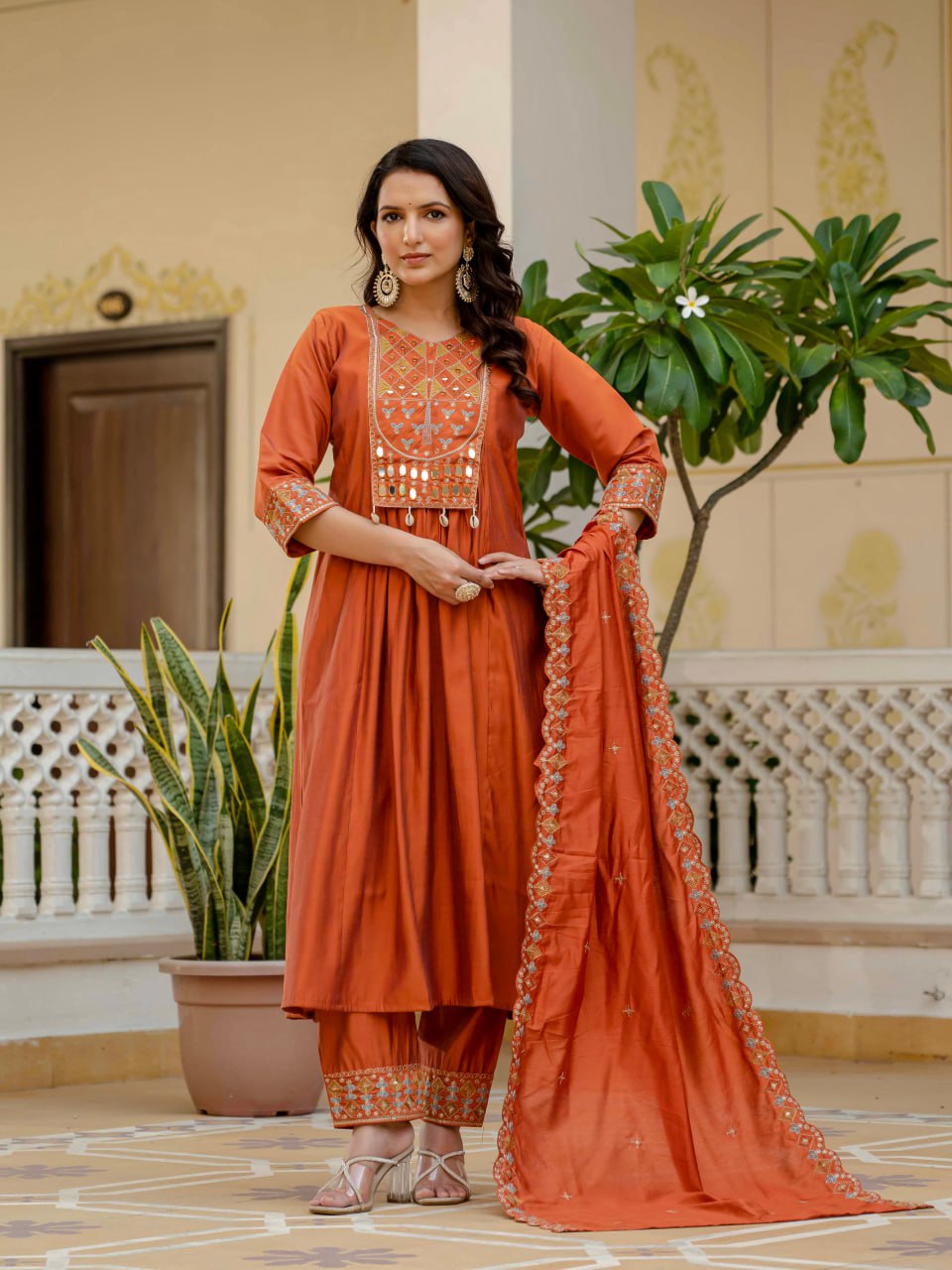 Lehenga Mart Designer Anarkali Suit Ready To Wear Kurta Pant With Dupatta For Women-Rust Orange