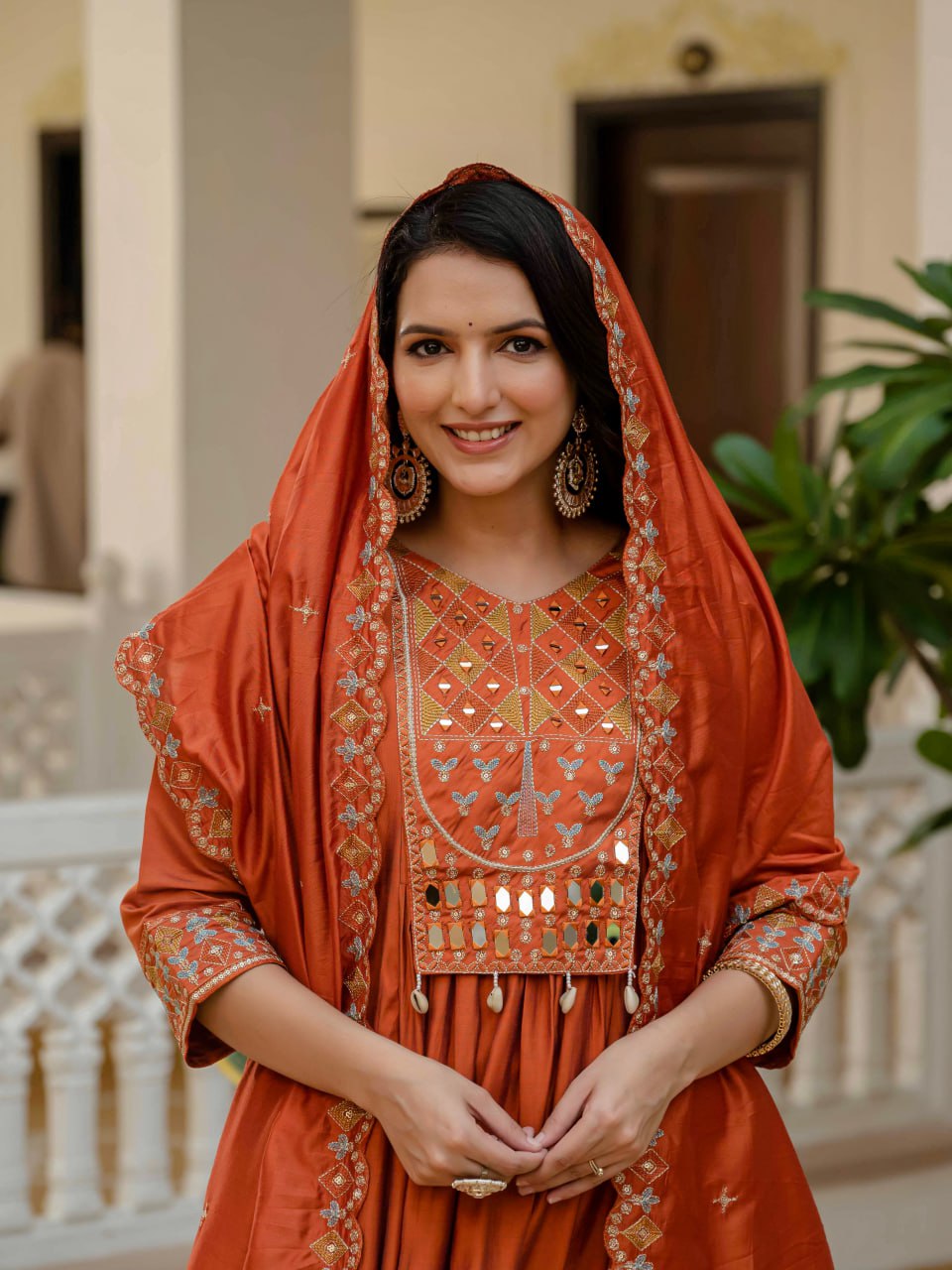 Lehenga Mart Designer Anarkali Suit Ready To Wear Kurta Pant With Dupatta For Women-Rust Orange
