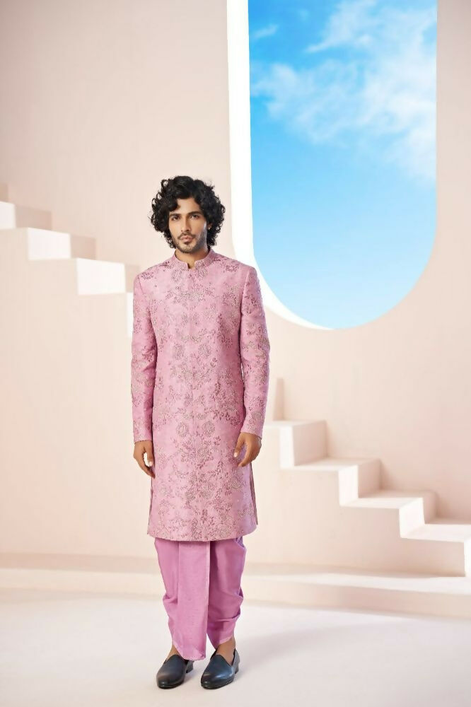 Majestic Orchid Falling Raw Silk Sherwani Set With Intricate Embroidery And Draped Dupatta by Hilo Design