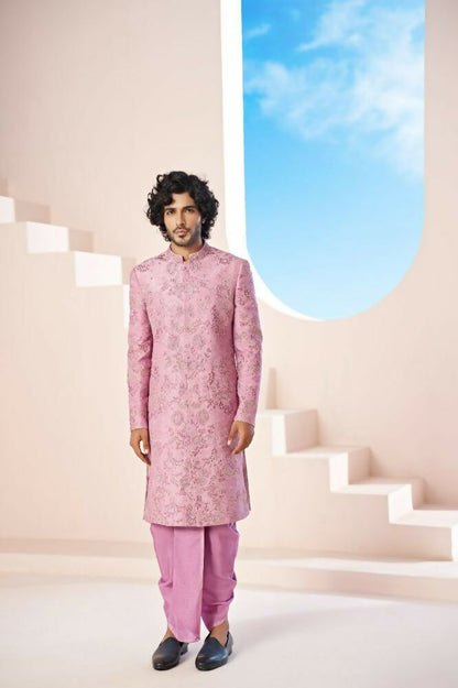 Majestic Orchid Falling Raw Silk Sherwani Set With Intricate Embroidery And Draped Dupatta by Hilo Design
