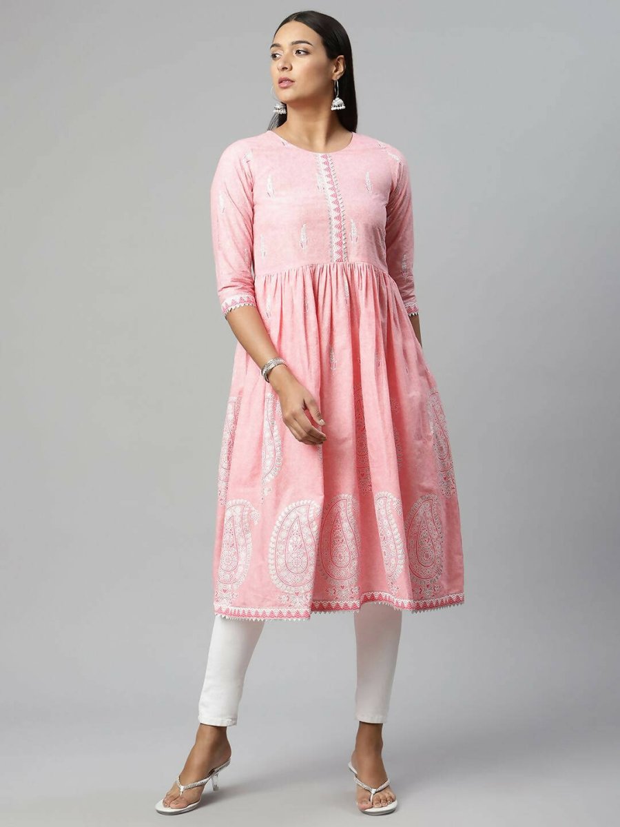 Ahalyaa Womens Pink Pure Cotton Printed Kurtas
