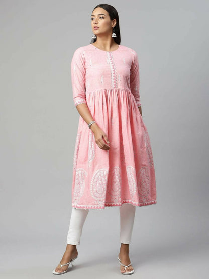 Ahalyaa Womens Pink Pure Cotton Printed Kurtas