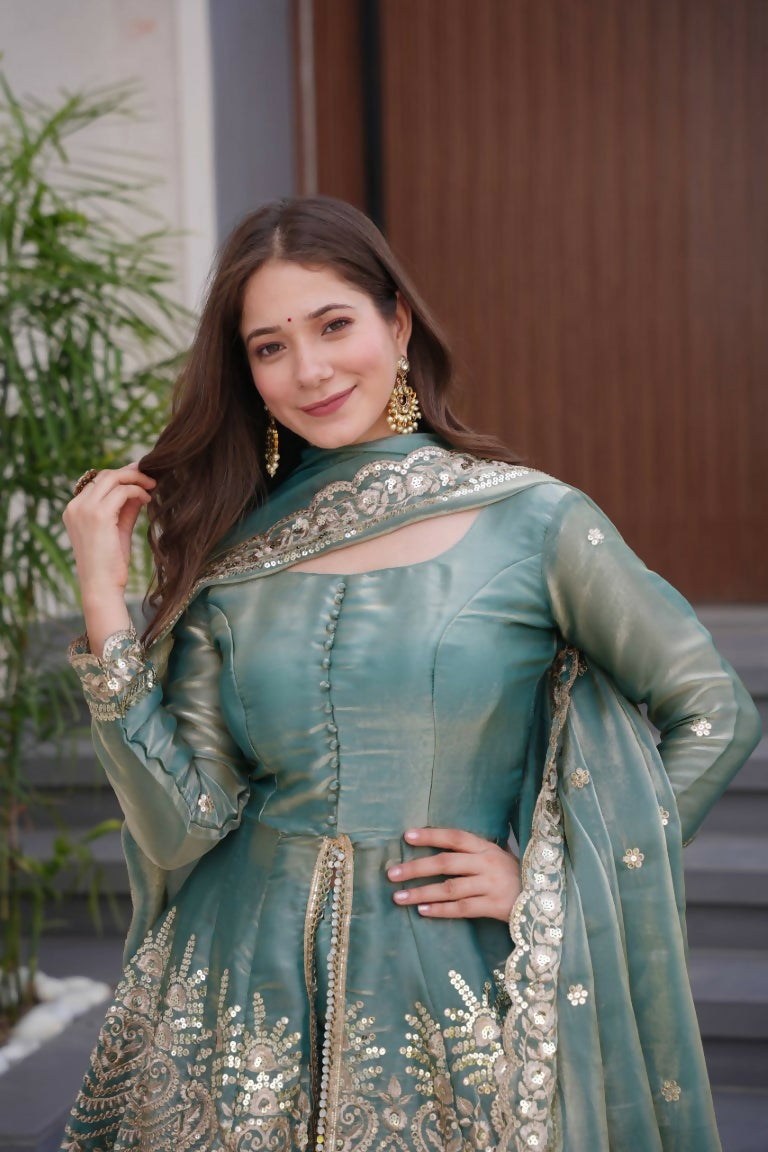 Teeya Creation Teal Color Fendy Satin Silk Embroidery Work party Wear Salwar Suit