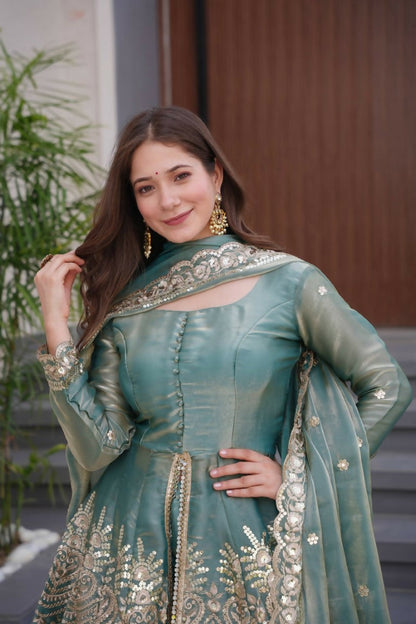 Teeya Creation Teal Color Fendy Satin Silk Embroidery Work party Wear Salwar Suit