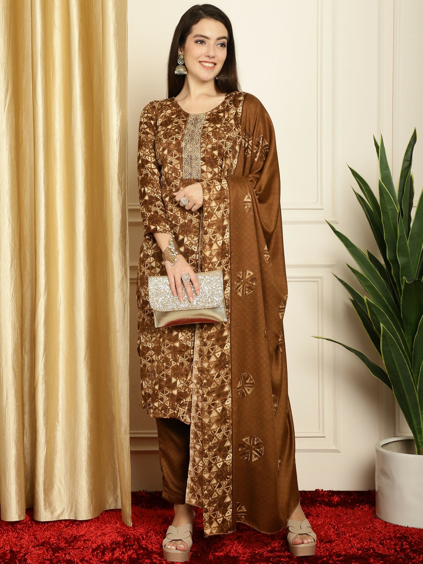 Jyoti Fashion Women's Brown Pashmina Floral Digital Printed Kurta with Trouser & Dupatta