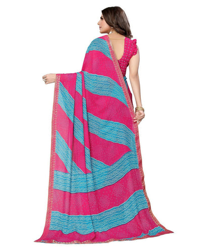 Vamika Pink Georgette Printed With Lace Saree (MANYA PINK SKY BLUE)