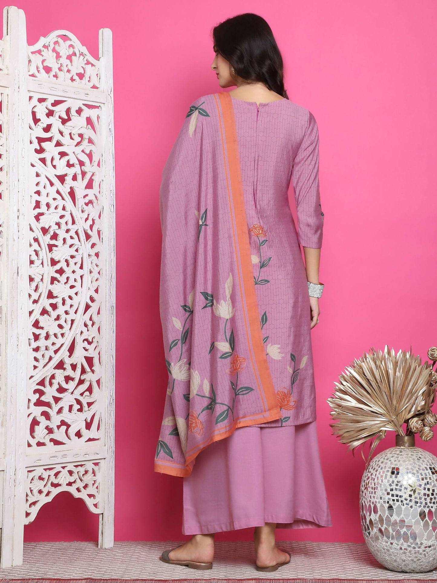 Jyoti Fashion Women's Purple Muslin Floral Print with Jari & Crystal work Kurta with Trouser & Dupatta