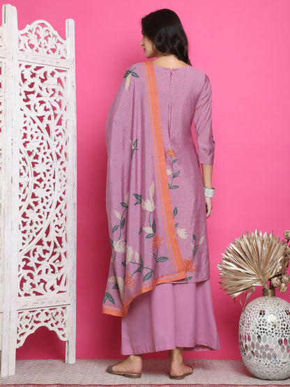 Jyoti Fashion Women's Purple Muslin Floral Print with Jari & Crystal work Kurta with Trouser & Dupatta