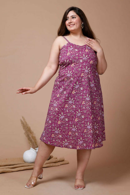 Miravan Women's Plus Size Purple Floral Printed Shoulder Strap Midi Dress