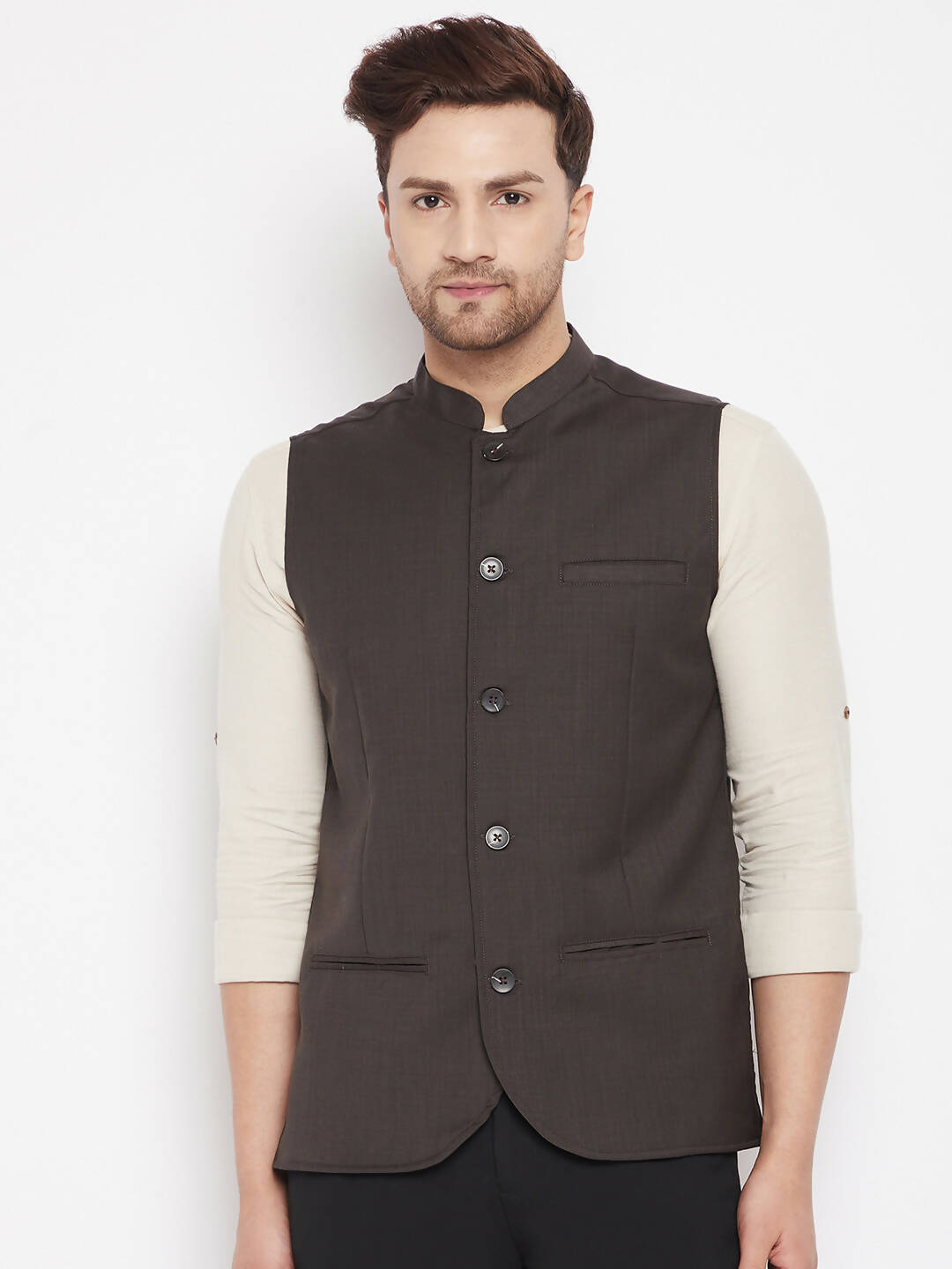 Even Apparels Brown Merino Men Woven Nehru Jacket