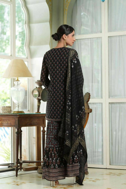 Juniper Black Georgette Festive Floral Print Straight Tunic-Sharara For Women