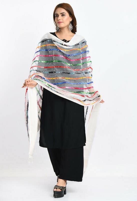 Mominos Fashion Moeza Women's Orgenza Multi Thread Mirror Work White Dupatta