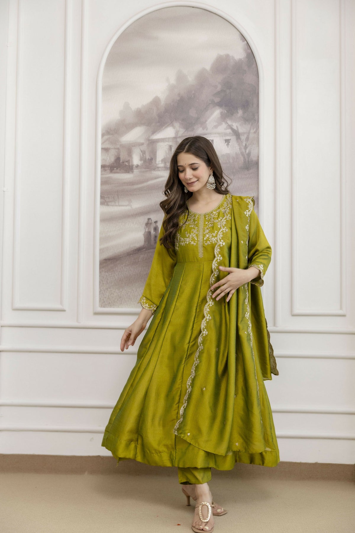 The52 Light Green Women's Beautiful Vichitra Silk Fabric Embroidered Work Flared Anarkali Pant and Dupatta Set