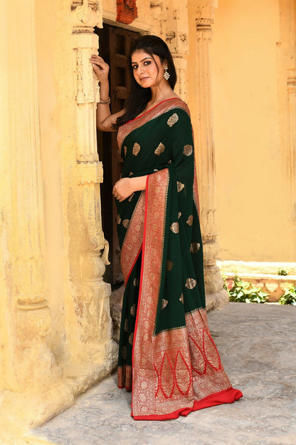 Joban Fashion Emerald Green Crepe Chiffon Pure Handloom Banarasi Silk Saree