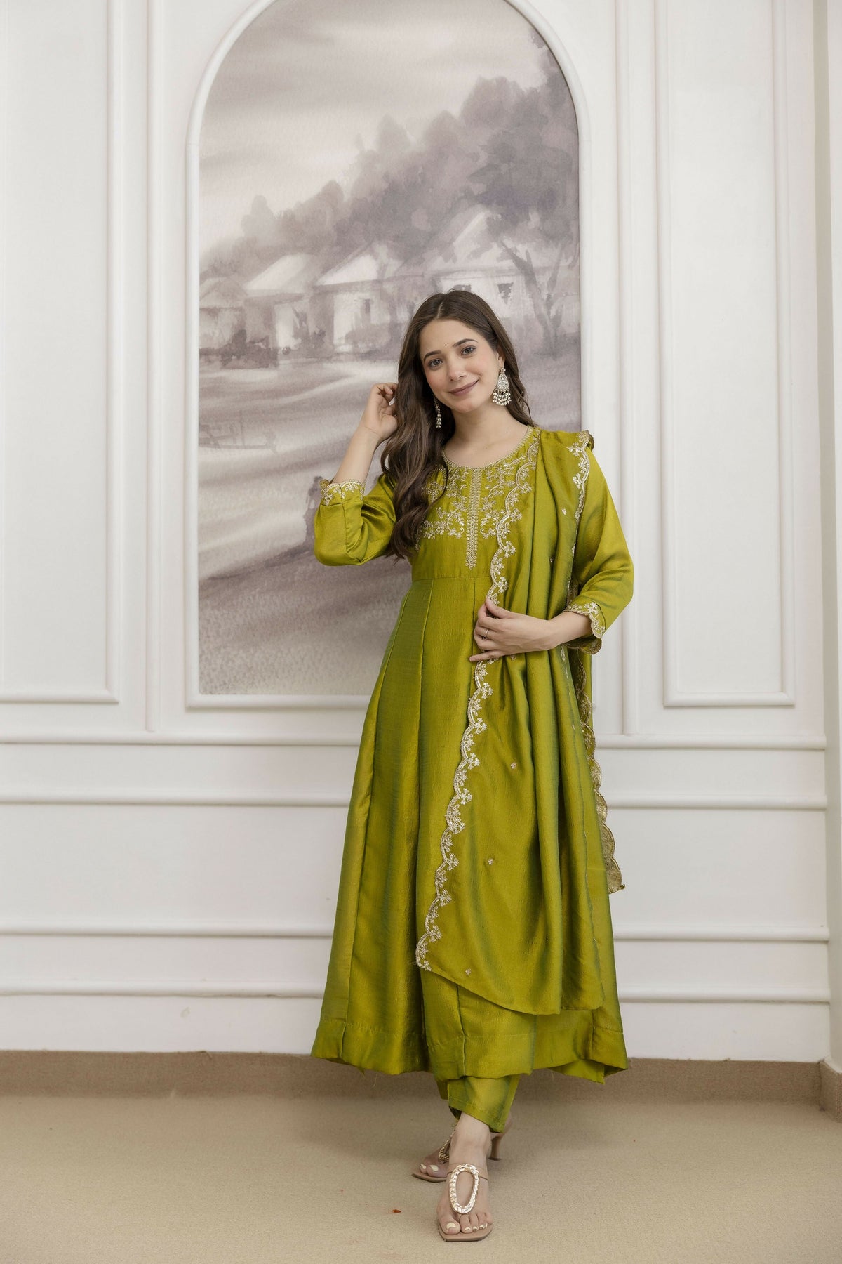 The52 Light Green Women's Beautiful Vichitra Silk Fabric Embroidered Work Flared Anarkali Pant and Dupatta Set