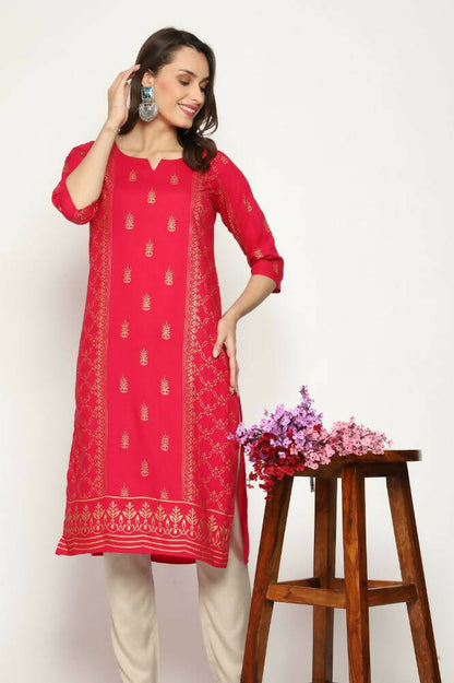 Maai Rayon Hand Printed Kurta Red