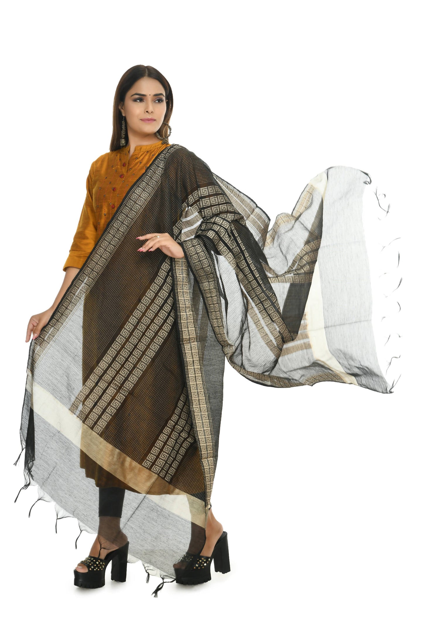 Mominos Fashion Moeza Handloom Cotton Black Dupatta For Women