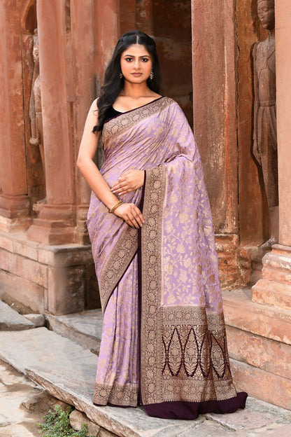 Joban Fashion Nude Pink Crepe Chiffon Pure Handloom Banarasi Silk Saree