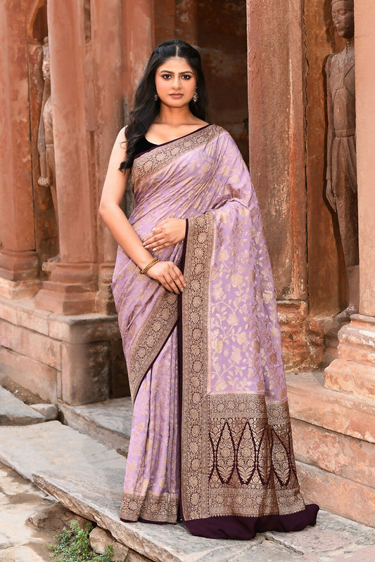 Joban Fashion Nude Pink Crepe Chiffon Pure Handloom Banarasi Silk Saree