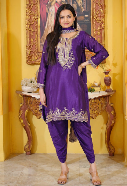 Lehenga Mart Designer Chinon Dhoti Suit With Sequence Embroidered Work - Purple