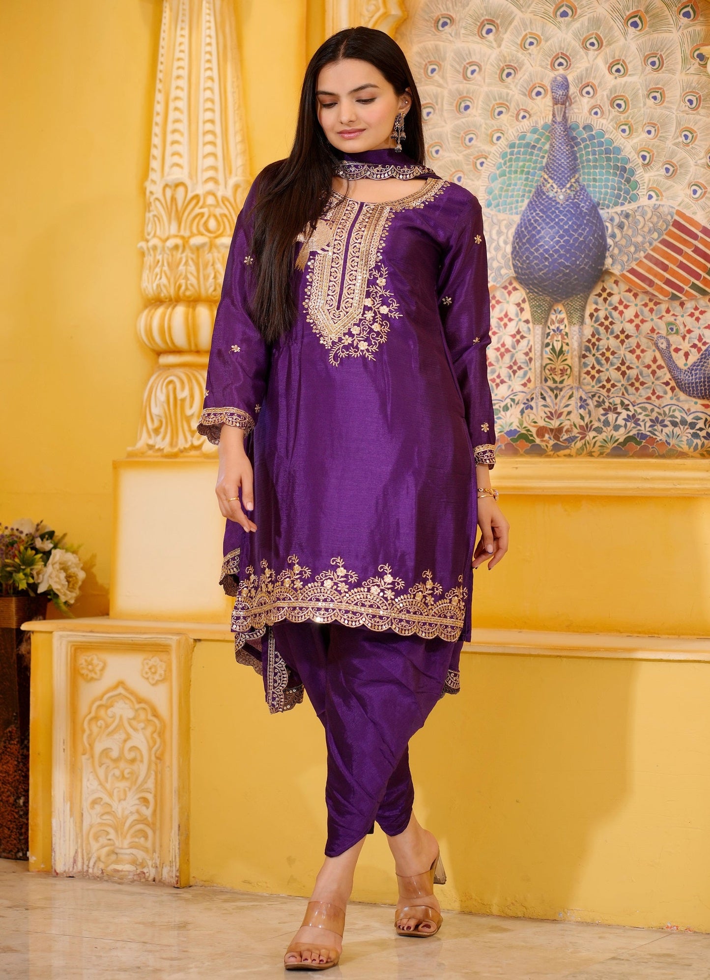 Lehenga Mart Designer Chinon Dhoti Suit With Sequence Embroidered Work - Purple