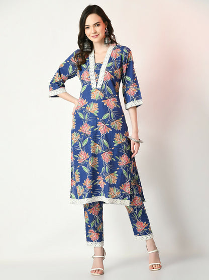 Myshka Women's Blue Printed Kurta With Trousers