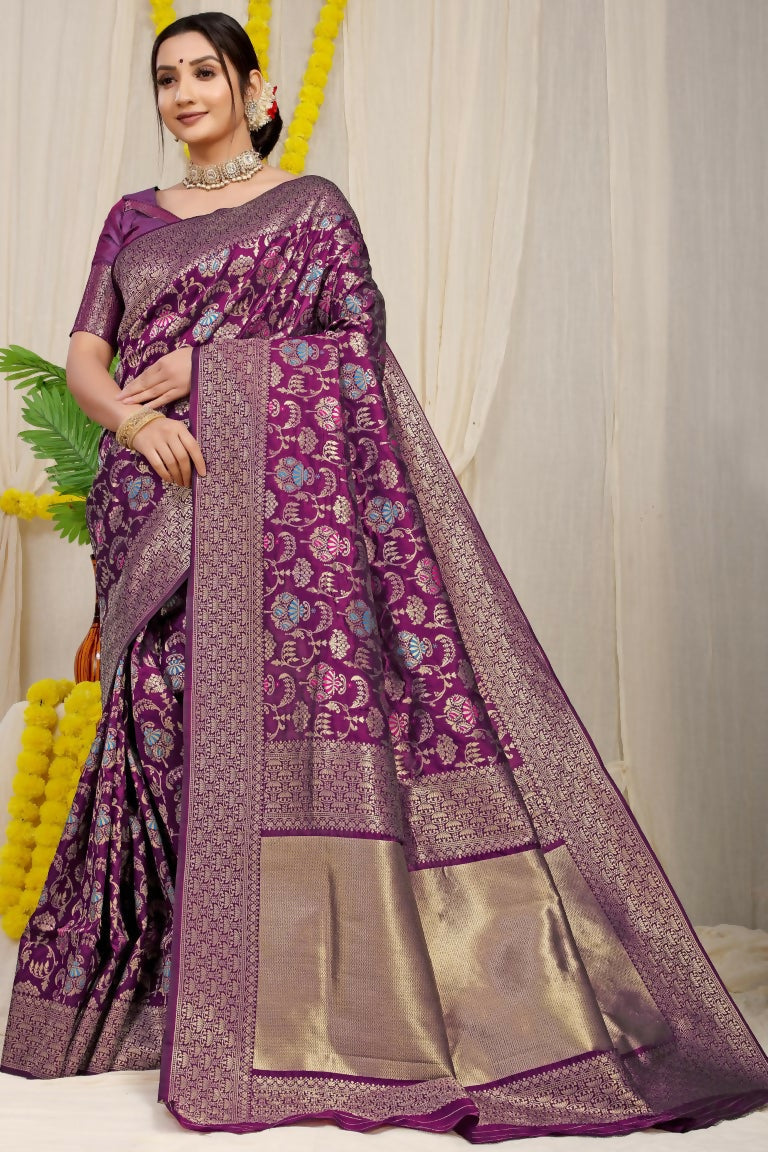 Jyoti Fashion Women's Wine Kanjivaram Silk Zari Woven Saree with Blouse