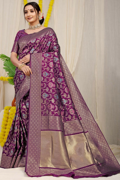 Jyoti Fashion Women's Wine Kanjivaram Silk Zari Woven Saree with Blouse