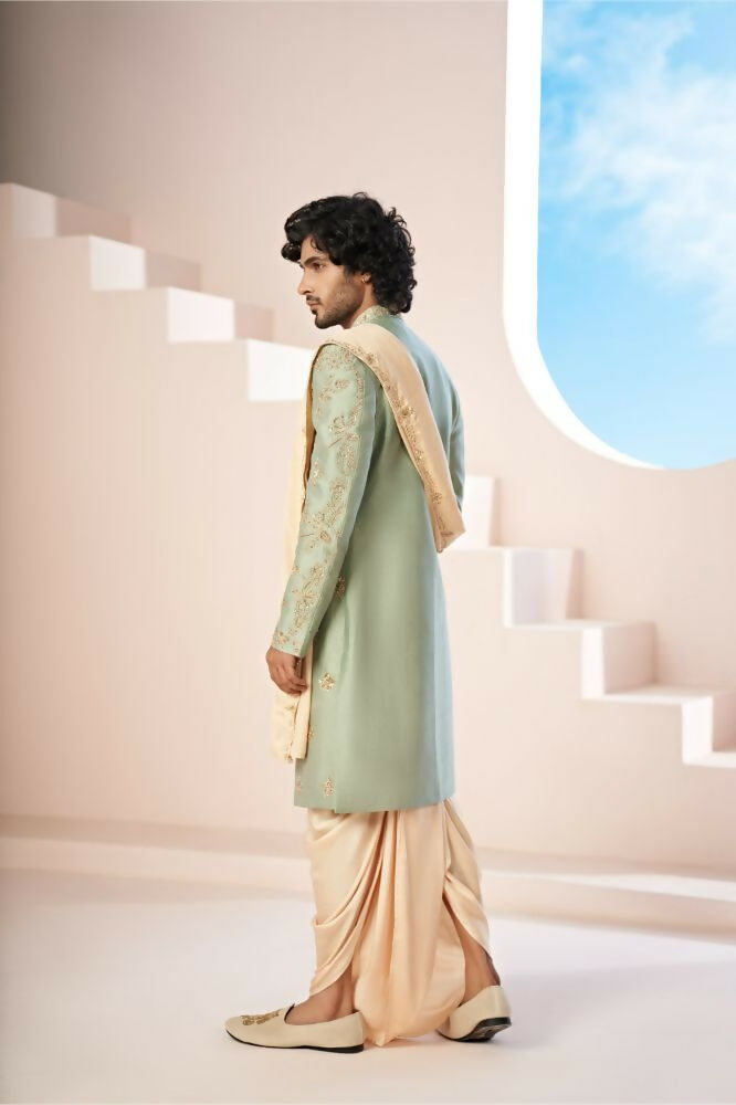 Majestic Mint Green Dupion Silk Sherwani With Satin Dhoti & Santone Dupatta by Hilo Design