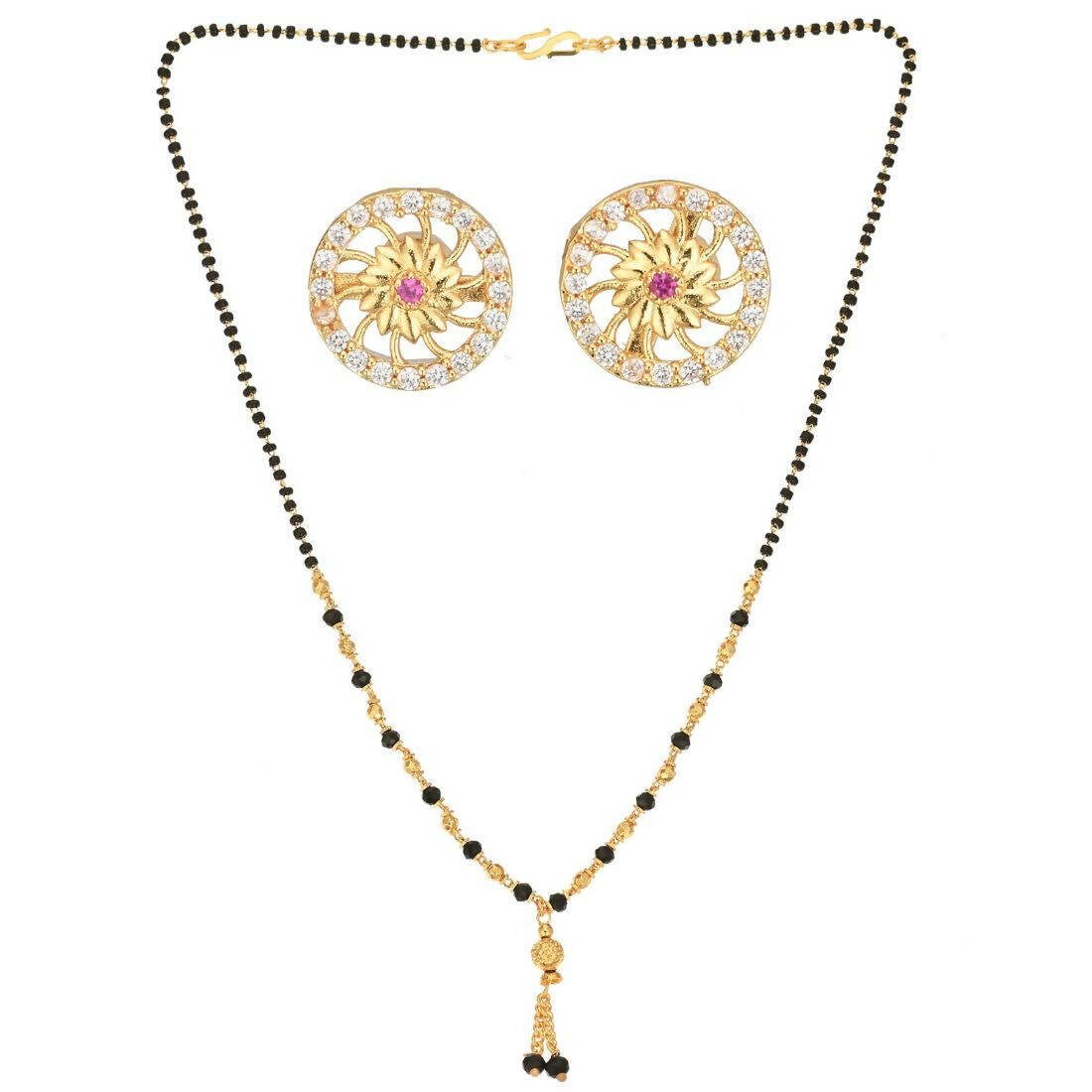 AanyaCentric Gold-Polished Short Mangalsutra Set with Earrings