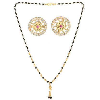 AanyaCentric Gold-Polished Short Mangalsutra Set with Earrings