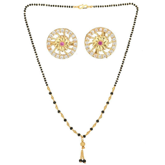 AanyaCentric Gold-Polished Short Mangalsutra Set with Earrings