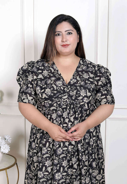 Miravan Women's Plus Size Pleated Puff Sleeve Floral Pure Cotton Black And White Butterfly Maxi Dress