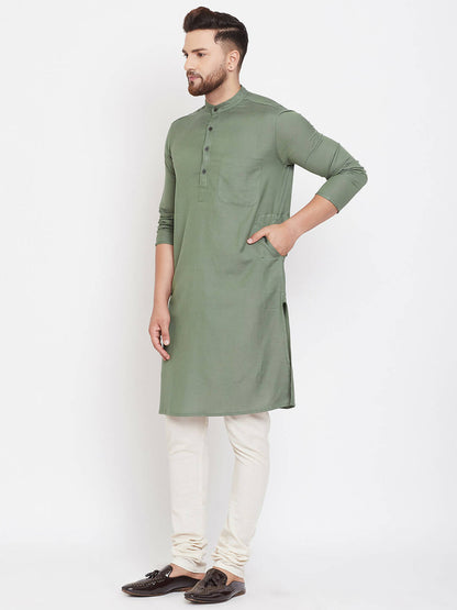 Even Apparels Green Color Linen Linen Men's Kurta With Band Collar