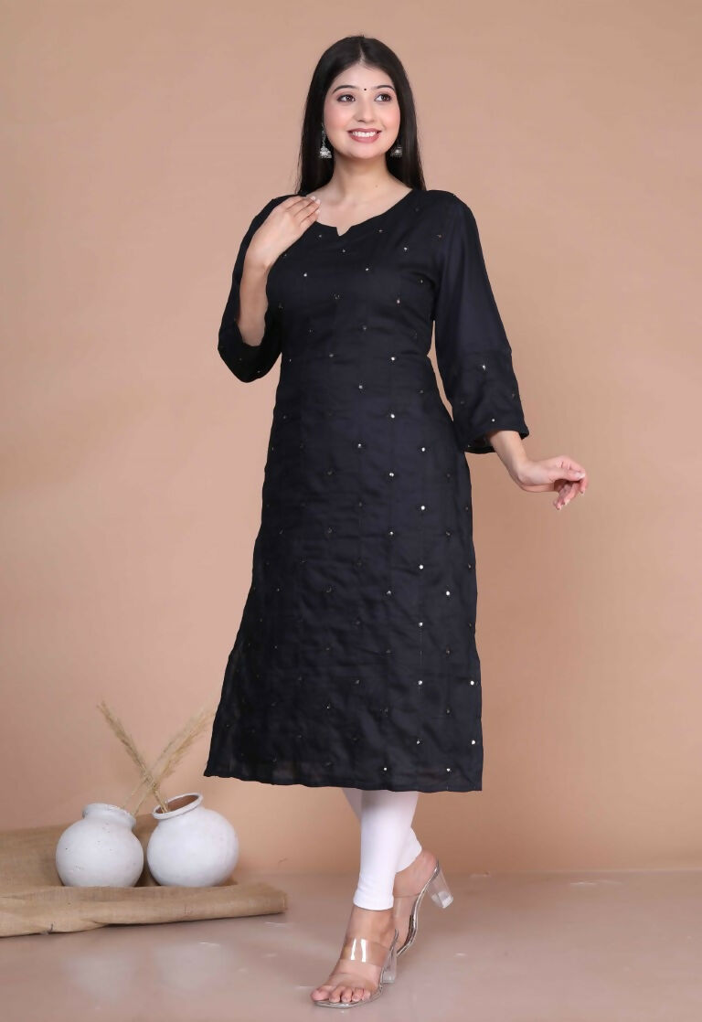 Miravan Women's Black Embroidered And Mirror Work Pakistani Straight Kurti