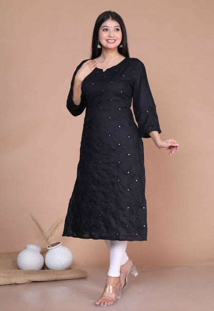 Miravan Women's Black Embroidered And Mirror Work Pakistani Straight Kurti