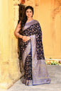 Joban Fashion Navy Blue Crepe Chiffon Pure Handloom Banarasi Silk Saree