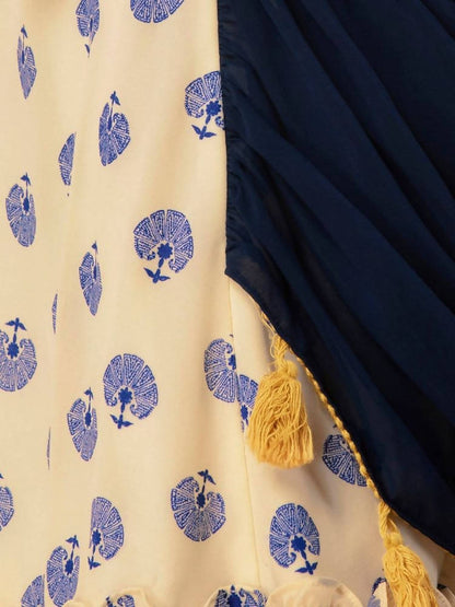 Indya Women White & Navy Blue Printed Maxi Dress With Attached Dupatta