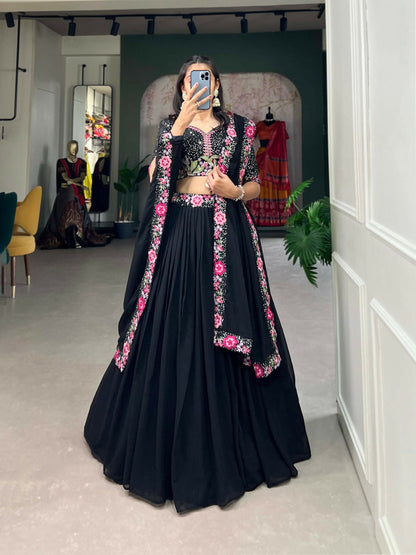 Vastranavya Party Wear Sequins And Delicate Embroidery Work Belt Lehenga Choli - Black