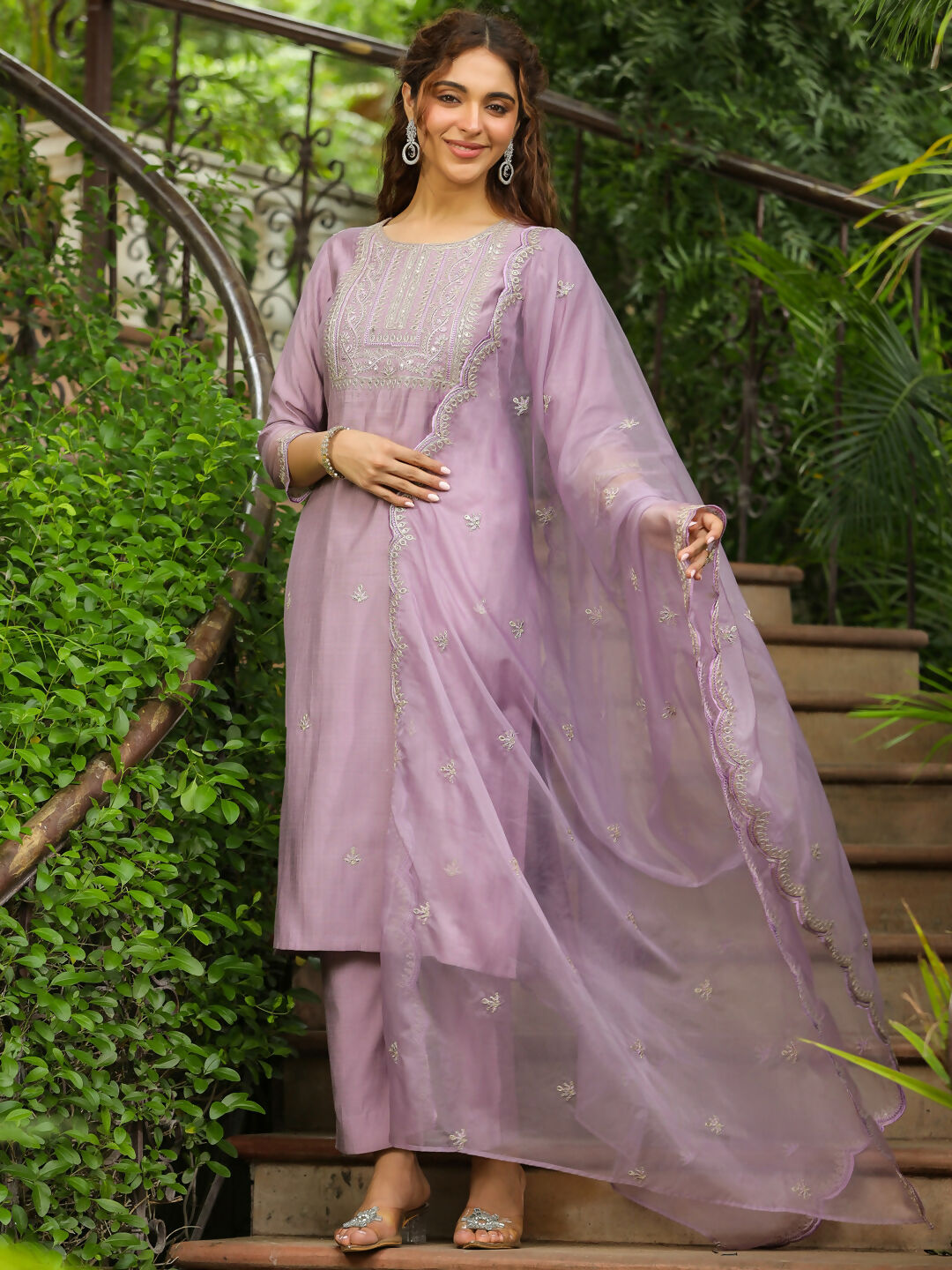 Janasya Lavender Silk Blend Solid Kurta,Bottom & Dupatta