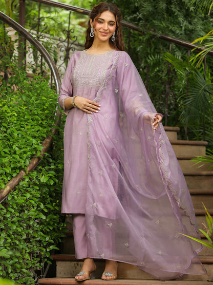 Janasya Lavender Silk Blend Solid Kurta,Bottom & Dupatta