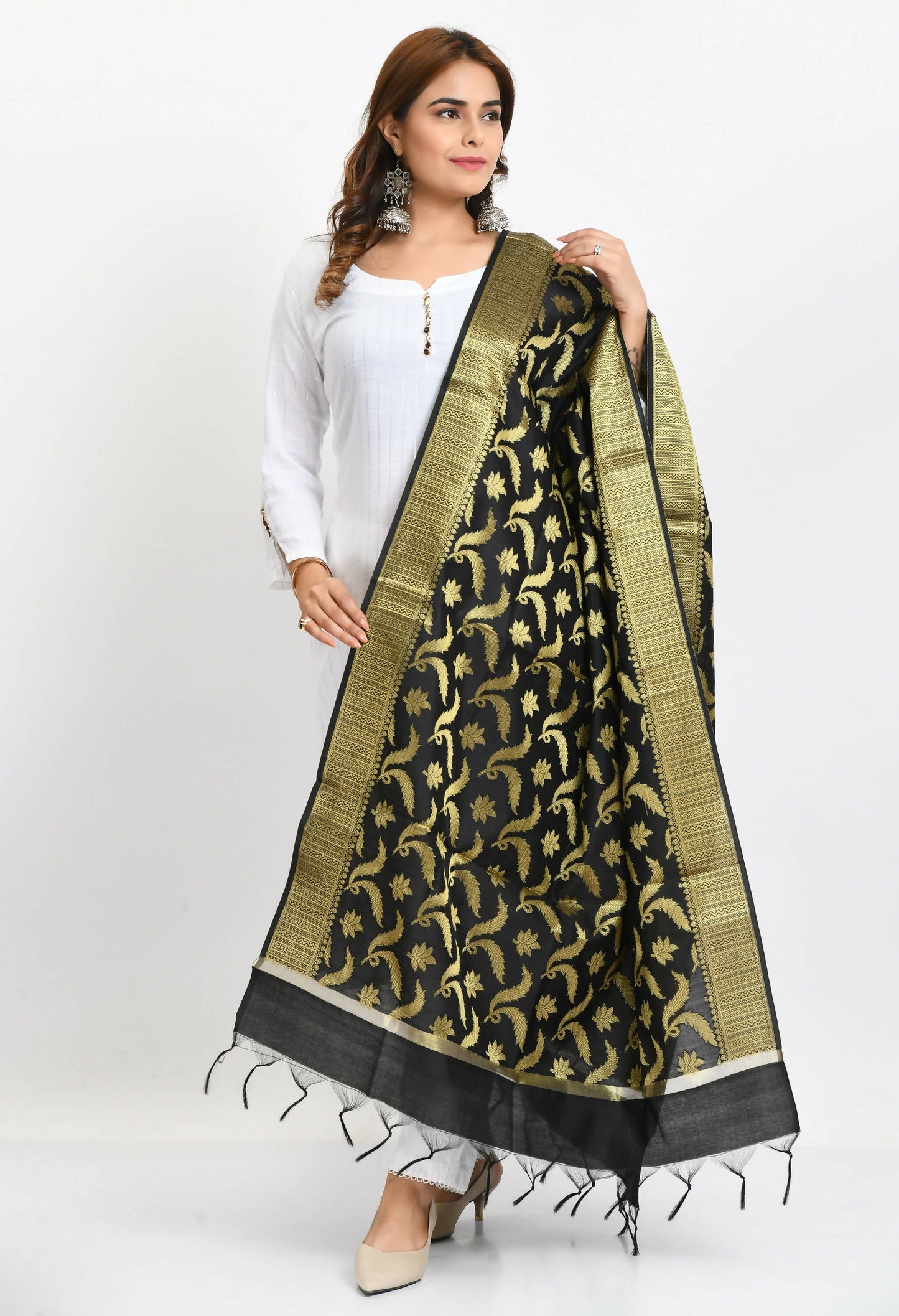 Mominos Fashion Moeza Women's Banarsi Silk Floral Woven Design Black Dupatta