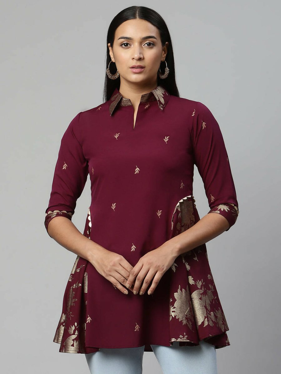 Ahalyaa Women Wine Crepe Printed Tunic