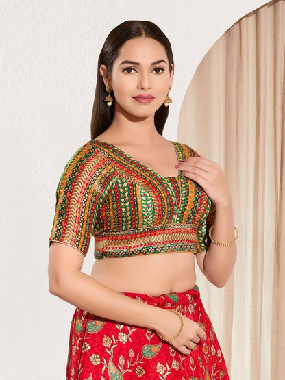 Joban Fashion Green Multi Brocade Padded Blouse With V Neck Elbow Sleeves